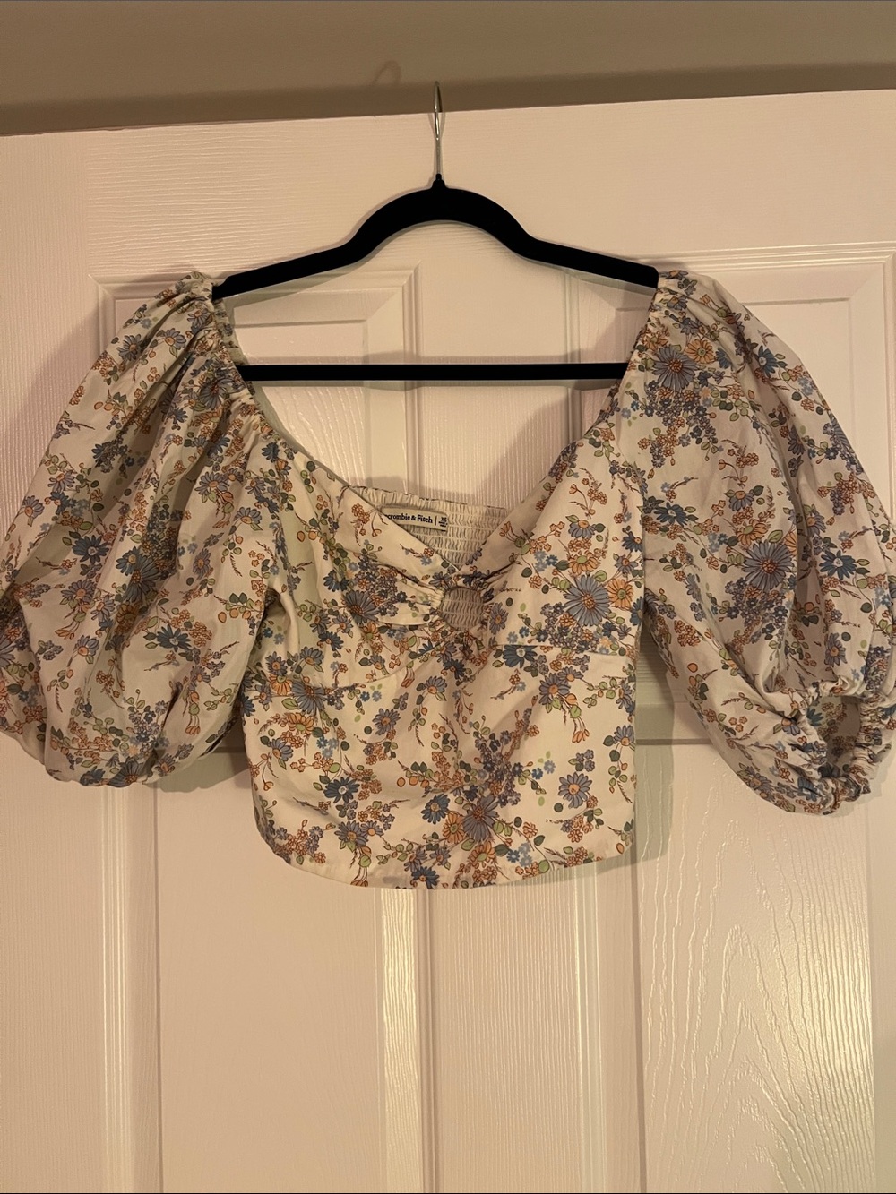 Abercrombie & Fitch White Floral Puff-Sleeve Crop Top with Blue & Tan Flowers